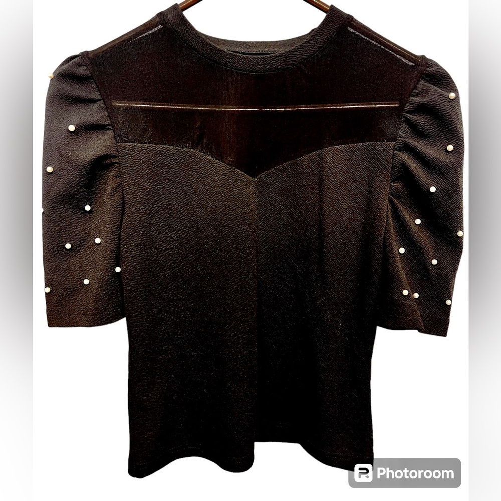 SHEIN sexy lil top, mesh & pearl accents on black, mock turtleneck, M.  NWOT - Picture 2 of 8